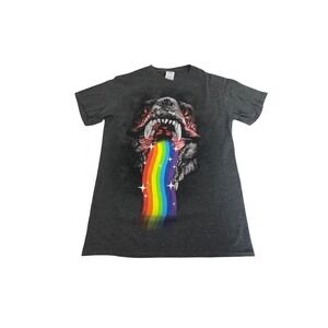 Women's graphic T dinosaur throwing up rainbow S